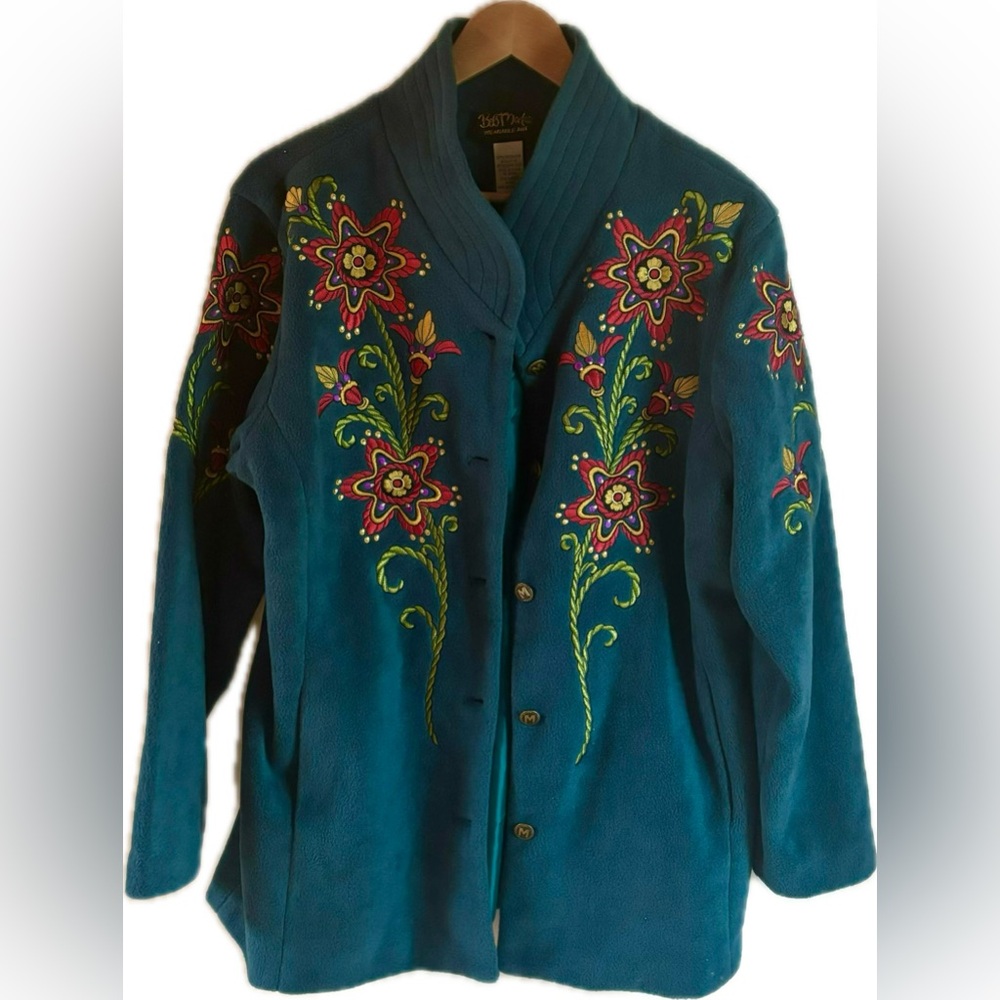 BOB MACKIE Vintage Teal Polar Fleece Floral Embroidered Coat